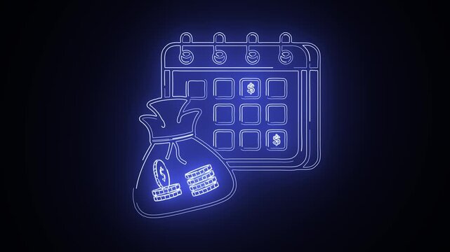 Glowing Futuristic digital blue color dollar and calander icon. Digital futuristic motion graphic element cyber generated background. 4k video animation
