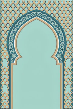 Intricate islamic archway with a pale green background and detailed geometric patterns in blue and gold evoking a sense of tradition and spirituality