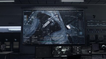 Spy location tracking scanner analysing the designated area. Spy drone scanner looking for the target location from the sky. Spy scanner system finds the exact location of the enemy ship in port - Powered by Adobe