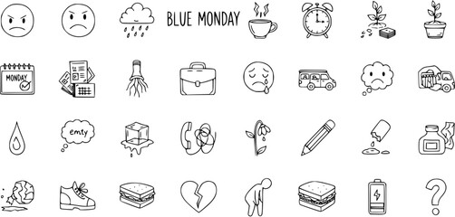 Blue Monday and Mental Health Hand Drawn Doodle Icons Set. Vector Illustrations of Sadness, Stress, Depression, and Daily Struggles on a White Background.