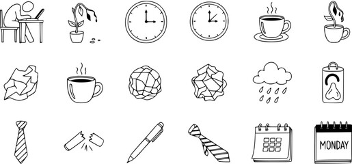 Hand-drawn doodle vector icons depicting office stress, work burnout, time management, and daily routine challenges