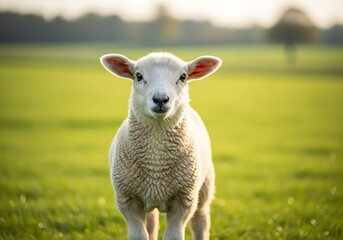 Fototapeta premium A cute young lamb stands in a vibrant green pasture, looking directly at the viewer with soft sunlight.