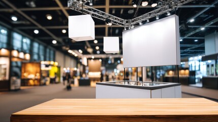 Fototapeta premium Modern exhibition space featuring display stands and overhead lighting in a busy convention center