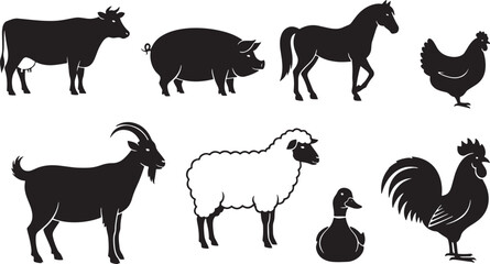 Fototapeta premium Farm animals silhouettes set, cow, pig, chicken, sheep, horse, goat, duck, rooster vector.