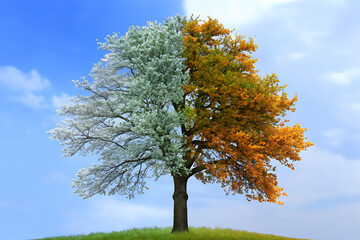 A single tree displaying the distinct changes of spring blossoms and autumn foliage isolated on transparent background