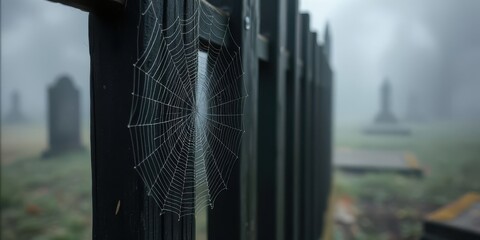 Spider web covered in morning dew on a dark wooden fence with blurred cemetery background and soft fog. Generative AI