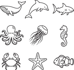 Sea animals doodle icons set, whale, dolphin, shark, octopus, jellyfish, seahorse, crab, starfish, clownfish vector.