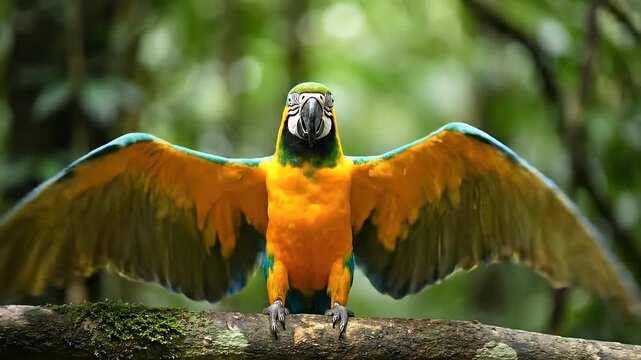 A vibrant parrot with spread wings perched on a mossy branch against a blurred green backdrop