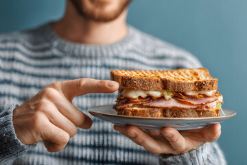 Caucasian young adult man holding plate with sandwich and pointing at food, standing against plain blue background, only upper body and hands visible, face not shown