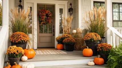 Colorful pumpkins and blooming flowers adorn a cozy porch celebrating the beauty of fall.