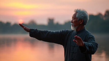 Elderly man practicing Tai Chi by serene lake at sunrise, wearing traditional clothing, with calm and focused expression. peaceful setting enhances meditative atmosphere