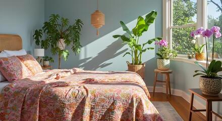 Bedroom interior with bedding and potted plants