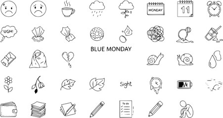 Blue Monday Sadness Doodle Icons Set. Hand-drawn illustrations depicting melancholy, depression, work stress, and winter blues concepts. © pixsource