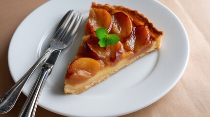 Slice of delicious peach tart served on a white plate with fork and knife on a wooden table