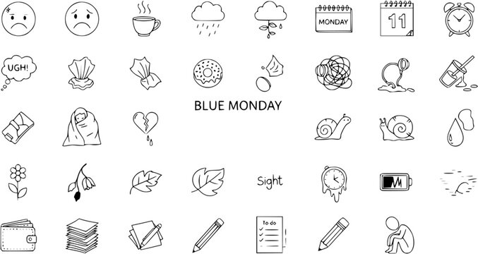 Blue Monday Sadness Doodle Icons Set. Hand-drawn illustrations depicting melancholy, depression, work stress, and winter blues concepts.