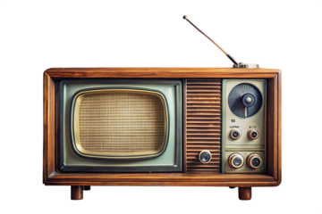 Vintage wooden television set with antenna on black background