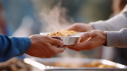 Hands serving food to another person outdoors, concept of kindness, sharing, charity and community support.