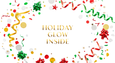 Festive holiday confetti and ribbons frame a message isolated on a transparent background.