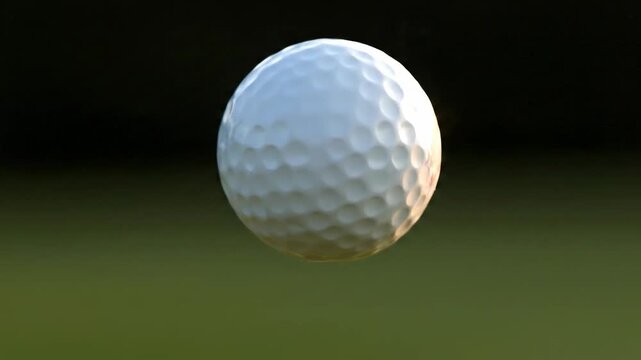 A close-up shot of a white spherical object with dimples against green and black blurred background