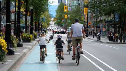 Family enjoys leisurely bike ride down bustling city street, surrounded by urban greenery and vibrant flowers. scene captures sense of community and outdoor activity