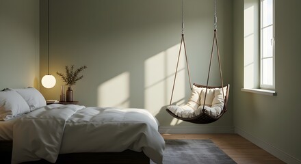 Bedroom interior with hanging chair and bed