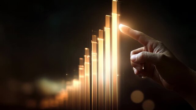 Hand touching glowing financial graph bars, representing success, investment growth, and future business performance in a digital economy.
