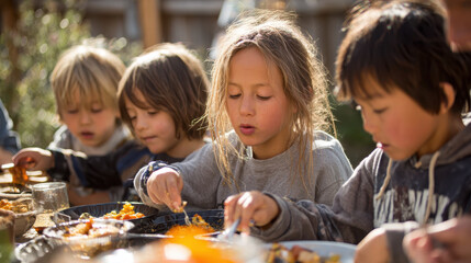 Children enjoying meal together outdoors, sharing food and laughter in warm, sunny setting. scene captures sense of community and joy among young friends