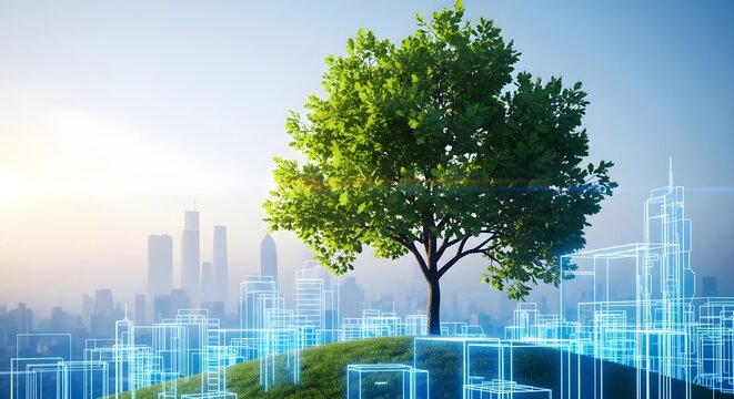 Sustainable Urban Development Tree of Life Thriving Amidst Cityscape's Futuristic Design