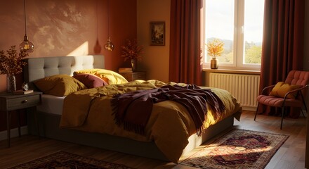 Bedroom interior with natural light and decorative elements