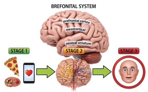 Human Brain Prefrontal System Diagram Showing Reward Stages and Emotional Reactions Related to Food, Technology, and Stimuli Response