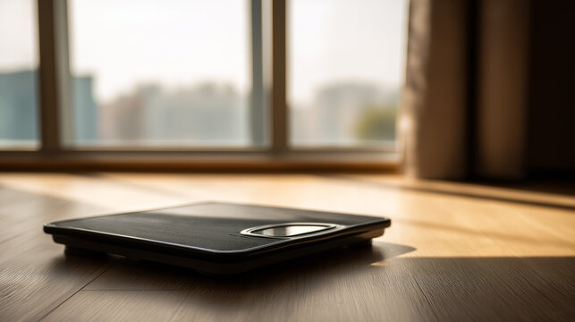 weighing. Weighing scales on a wooden floor, softly lit with a minimalist composition symbolizing health and balance. wellbeing guides.