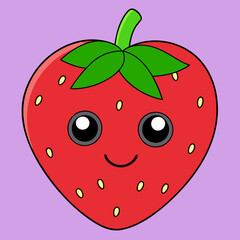 Obraz premium Cute cartoon strawberry character with a happy face and green leaves on a purple background