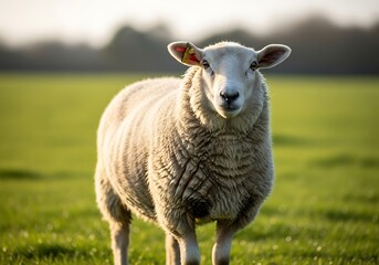 A fluffy white sheep stands prominently in a vibrant green pasture under natural sunlight, looking directly at the camera with a calm expression.