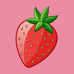 Obraz premium A vibrant cartoon illustration of a single ripe strawberry with green leaves on a pink background
