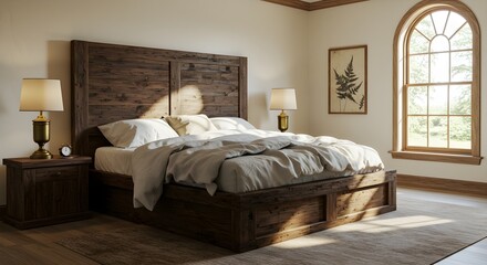 Bedroom interior with wooden bed and natural light