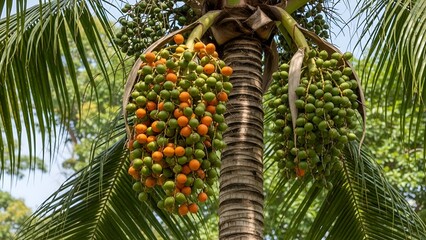 Fototapeta premium Palm Tree with Clusters of Green and Orange Fruit in Tropical Setting