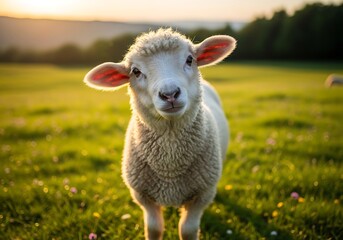 Fototapeta premium A cute young lamb stands in a vibrant green field at sunset, looking directly at the viewer.