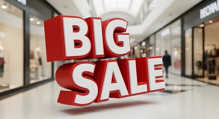 Big sale text in 3d letters floating in a shopping mall, promoting retail discounts and special offers for consumers