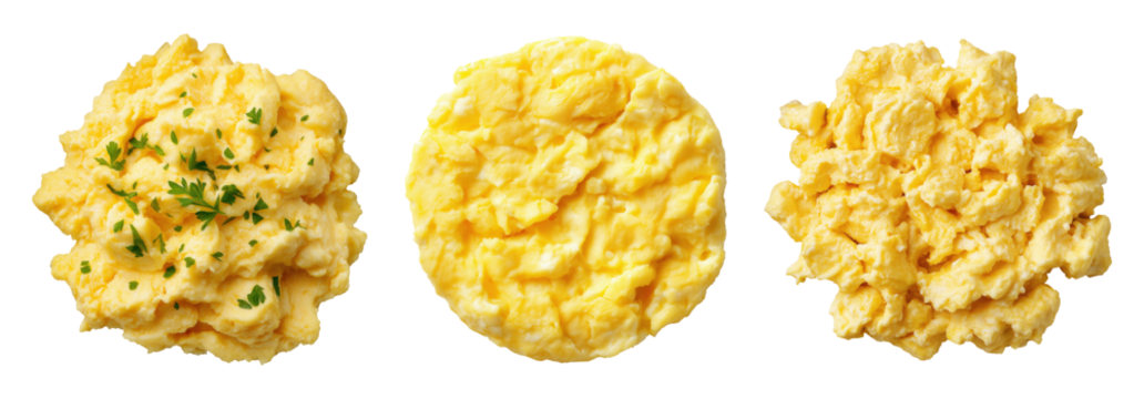 Three different styles of scrambled eggs isolated on transparent background - Powered by Adobe