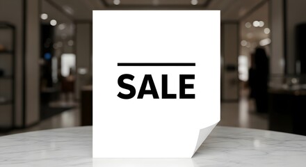 A white paper with the word sale written in bold black letters, placed on a marble table in a blurred store background