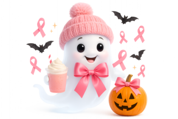 cute halloween ghost character with pink ribbons for breast cancer awareness in october
