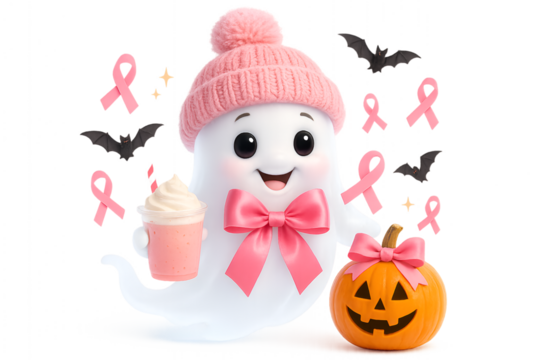 cute halloween ghost character with pink ribbons for breast cancer awareness in october