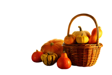 A woven basket overflowing with a colorful assortment of autumn gourds and pumpkins isolated on transparent background