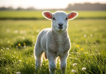 Fototapeta premium A cute young lamb stands in a sunlit green field, looking directly at the viewer with soft backlighting.