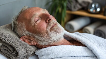 A serene elderly man relaxes in a spa environment, embracing tranquility. His peaceful expression and comfortable robe reflect a moment of self-care and rejuvenation.