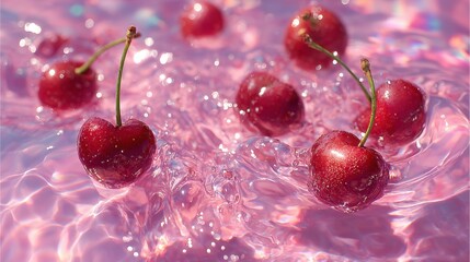 Juicy cherries bob in sparkling pink water creating a refreshing and vibrant scene full of life.
