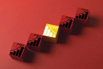 A yellow wooden block with a cost reduction graph icon stands out from a line of red blocks showing rising costs.,Concept of cost management,business efficiency,financial strategy,cost leadership.