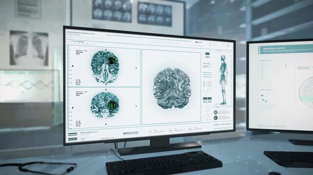 Monitoring Patients Brain Health Condition In Innovative Laboratory Scanner. Medical Examination Of Patients Brain Found Dangerous Brain Tumor. Brain Scan In Medical Examination Interface. X-Ray