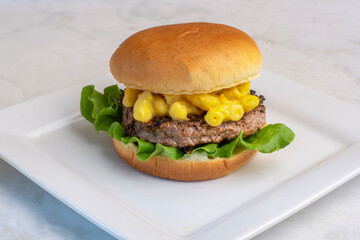 hamburger top with mac and cheese