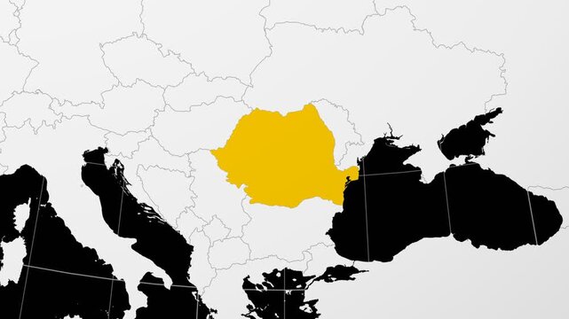 Romania map. Animated zoom into the country on the Globe in Black White color palette. Country logo animation. Map with meridians, parallels. Appealing video.
